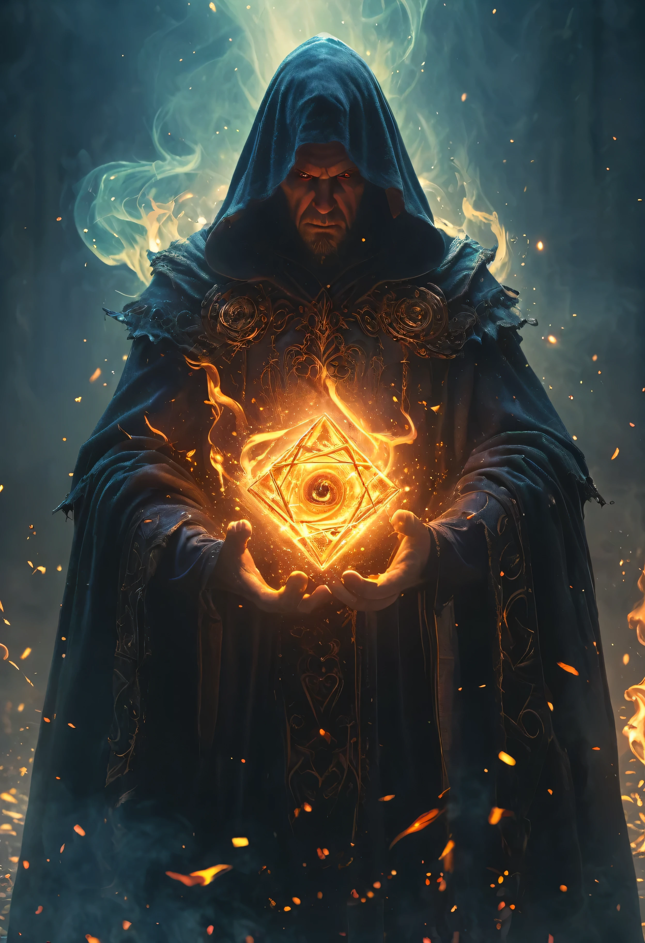 (best quality,4k,8k,highres,masterpiece:1.2),ultra-detailed,(realistic,photorealistic,photo-realistic:1.37),summoned from a magic square,dimensions-shifting evil warlock,imposing evil figure,otherworldly,terrifying,highly detailed face and body,shreded cloack,mystical aura,glowing fiery eyes,dark,ominous atmosphere,dramatic lighting,cold color palette,magical particles swirling around,demonic energy emanating,powerful presence,ethereal beauty,herculean strength,captivating gaze,unsettling presence,haunting and mesmerizing,horrifyingly enchanting