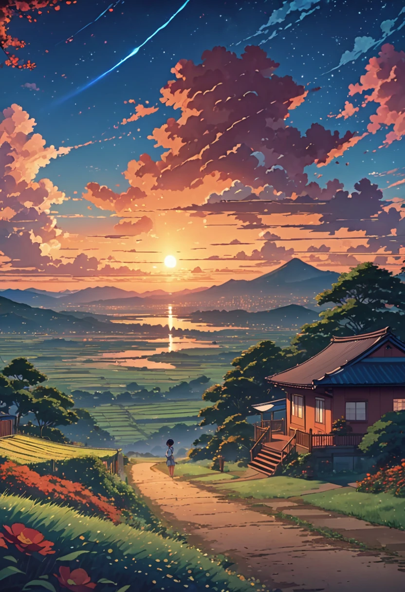 anime landscape ofuna pintura de una casa en medio de un campo bajo un cielo nocturno, fondo animado, fondo animado art, hermosa escena de anime, Makoto Shinkai Cyril Rolando, increíble fondo de pantalla, fondo de pantalla de arte anime 4k, fondo de pantalla de arte anime 4k, fondo de pantalla de arte anime 8 k, cielo animado, Fondo de pantalla de paisaje animado, beautiful paisaje animado, paisaje animado unset with orange and red hellish clouds, anime nature wallpapers, beautiful anime scene, beautiful anime peace scene, Makoto Shinkai Cyril Rolando, beautiful anime scene, background amazing wallpaper, anime art wallpaper 8k, anime background, art anime background, anime wallpaper 4k, anime art 4k wallpaper, anime art 4k wallpaper,
