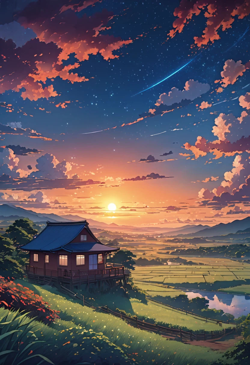 anime landscape ofuna pintura de una casa en medio de un campo bajo un cielo nocturno, fondo animado, fondo animado art, hermosa escena de anime, Makoto Shinkai Cyril Rolando, increíble fondo de pantalla, fondo de pantalla de arte anime 4k, fondo de pantalla de arte anime 4k, fondo de pantalla de arte anime 8 k, cielo animado, Fondo de pantalla de paisaje animado, beautiful paisaje animado, paisaje animado unset with orange and red hellish clouds, anime nature wallpapers, beautiful anime scene, beautiful anime peace scene, Makoto Shinkai Cyril Rolando, beautiful anime scene, background amazing wallpaper, anime art wallpaper 8k, anime background, art anime background, anime wallpaper 4k, anime art 4k wallpaper, anime art 4k wallpaper,
