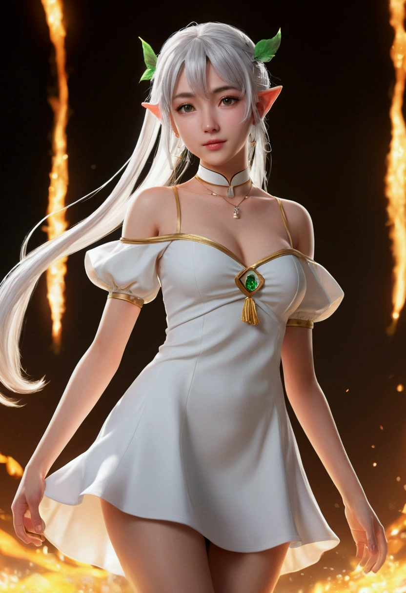 1 girl,standing alone,Leprechaun,White hair,ashen hair,earrino-sleeves dress,white gown,no-sleeves dress,bared shoulders,clavicle,ngs,pointy ears,long hair,hypdertailed,greeneyes,twintails,parted bangs,thick eyebrows,NSFW,breasts small,neckleace,arms behind the back,, 20 year,Young female,beautiful finger,Beautiful long legs,Farbepo bonito,Beautiful nose,Beautiful character design, perfects eyes, perfect Face,expressive eyes,looking ahead at viewer, offcial art,Extremely detailed CG 8k unity wallpaper, perfect lighting,colorfully, Ablaze_正面_Face_Lighting,pele Ablaze, (work of art:1.0),(better_品質:1.0), ultra high resolution,4K,ultra detali, fot, 8k, HDR, high resolution, absurderes:1.2, 400 for Kodak door, film grain, nblurry background, bokeh:1.2, Lens flare, (Vibrant_Farbe:1.2), (comely_Face:1.5),(narrow_waist), ,NSFW,, Exquisite visuals, High definition,work of art,better 品質,