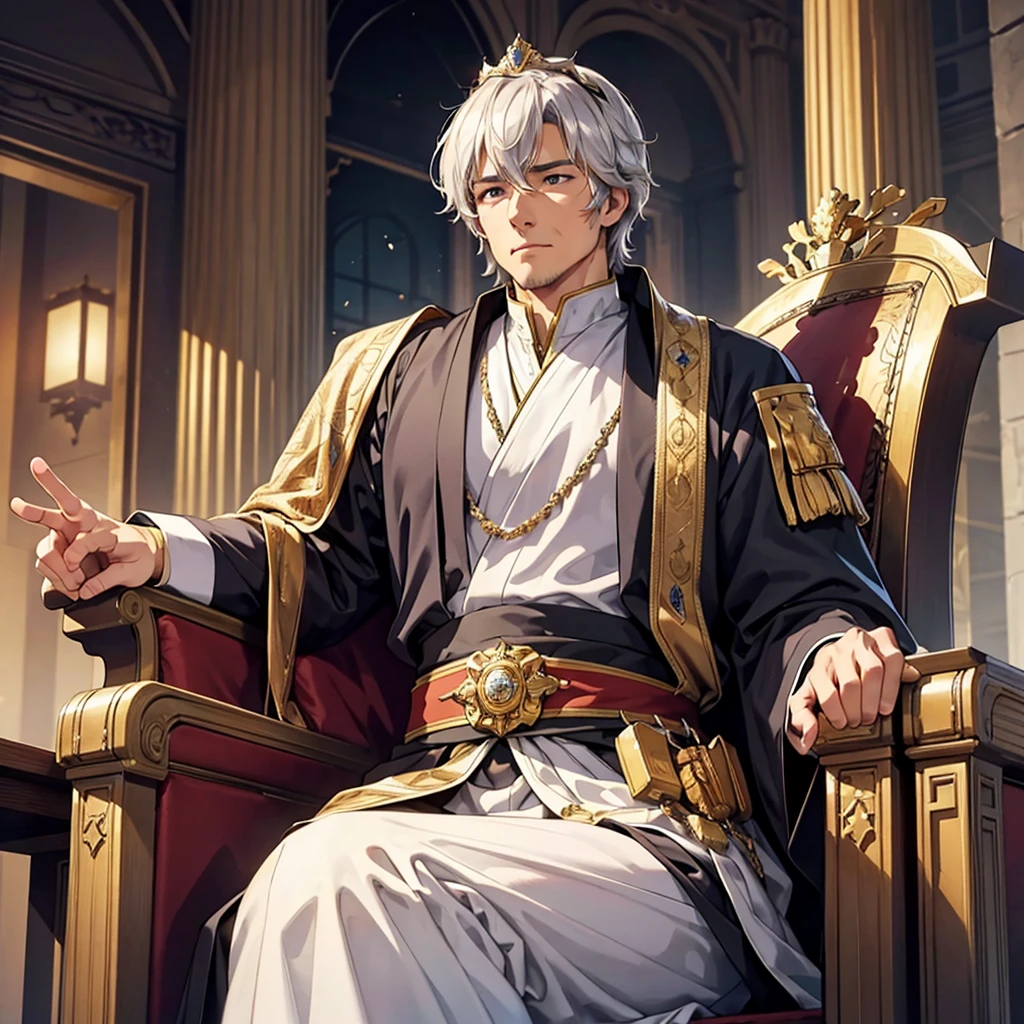 high resolution、A well-built man in middle age、Dignified、The King of Men。Sitting on the throne。Wearing a crown。
Fantasy。