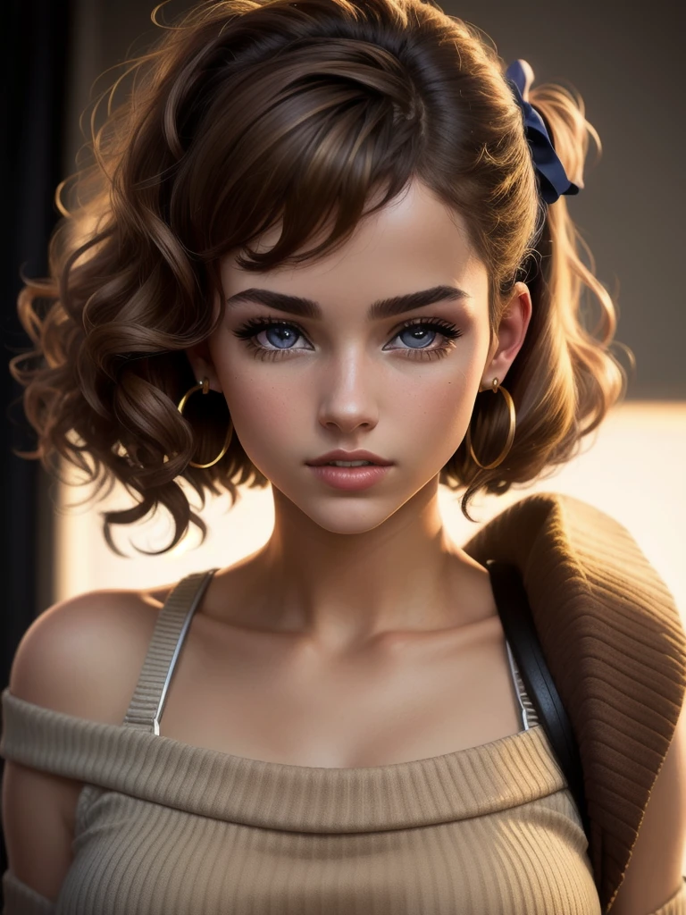 illustration, style of Philip Lorca diCorcia, cinematic film still portrait of young girl aged 18 yrs old, 1girl, solo, Instagram model, athletic figure, pretty face, youthful face, wearing an off the shoulder brown sweater, light brown hair, short curly hair, crossed bangs, constricted pupils, hair ribbon, hoop earrings, cinematic lighting, Ultra-Wide Angle, Canon, bust chart, Hyperrealism, UHD, masterpiece, textured skin, high details, best quality, detailed eyes, detailed iris, full body photo