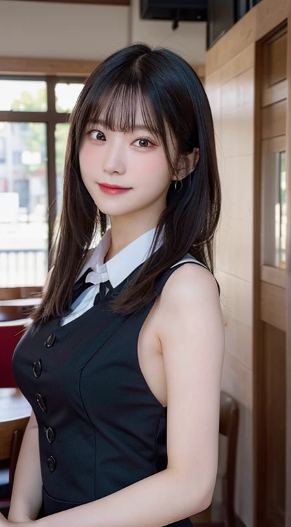 (Highest quality,masterpiece:1.3,Ultra-high resolution,),(Ultra-detailed,Caustics),(Photorealistic:1.4,RAW shooting,)Ultra-Realistic Capture,Very detailed,High resolution 16K human skin closeup。 The skin texture is natural、,Pores、It must be detailed enough to be easily identifiable.。 Skin should look healthy and have an even tone。 Use natural light and colour,restaurant,Waitress Uniform,1 girl,Japanese,18-year-old,cute,Black-haired,Mid-length hair,(Large Breasts:1.2),smile,Turn your body forward,(View from the front:1.2),Looking into the camera,Bust up shot:1.1,focused on the chest:1.1,Chest close-up:1.1