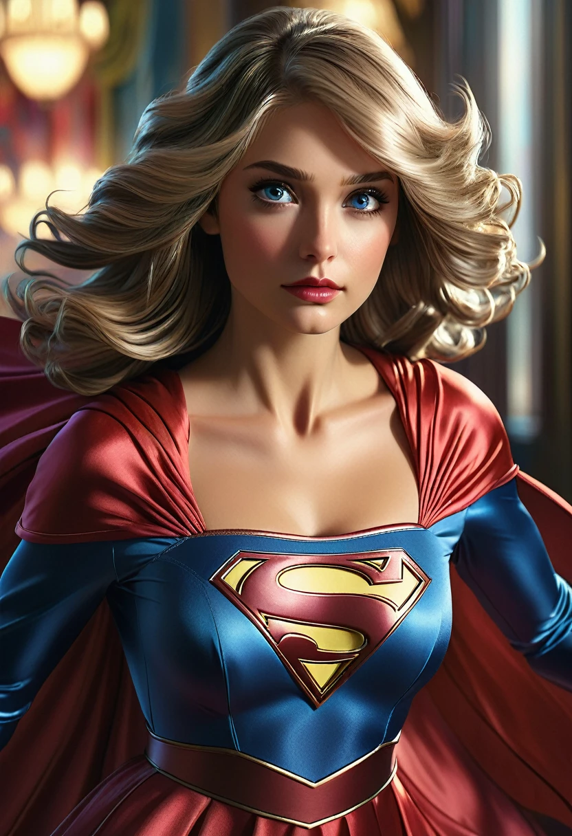 a beautiful supergirl in a luxurious silk dress, extremely detailed face and eyes, long eyelashes, cinched waist, flowing dress, dynamic pose, dramatic lighting, cinematic composition, intricate detail, vibrant colors, photorealistic, 8k, best quality, masterpiece