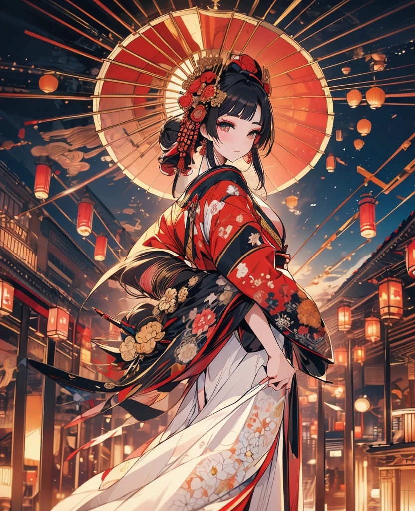 from behind,whole body,Oiran,kimono,luxurious makeup,(Gorgeous costumes:1.2),(Oiranの髪飾り,Big Barrel),Large umbrella,(Smoke pipe),Osaka Castle seen in the distance,Oiran道中,Night scenery with lanterns lined up,Dynamic movement and powerful brushstrokes、Drawing strokes drawn with rot ring 0,