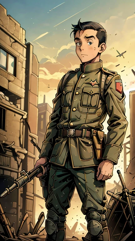 (Teens:1boy: Tintin,ww1brit), (extremely detailed CG unit 8k wallpaper),(master part), (best quality), (ultra detali), (best illustration),(melhor ombre), cowboy shot, (Sharp eyeliner, ombre, detailed eyes:1),  war torn ruins background,break , (star15escola:1.2), upper body,short hair, black hair, 1male,clark