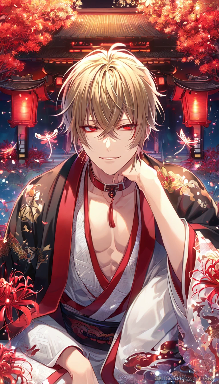 absurdres, highres, ultra detailed, HDR, master piece, best quality, detailed eyes, extremely detailed, delicated features, Kazama Chikage, dark blonde hair, expressive red eyes, Hakuouki, solo, sexy man sitting, handsome, smile, white kimono, black haori, red collar, magical, fantasy, red spider lilies, red glittering dragonflies, red lanterns, traditional Japanese house, red trees, envy magical