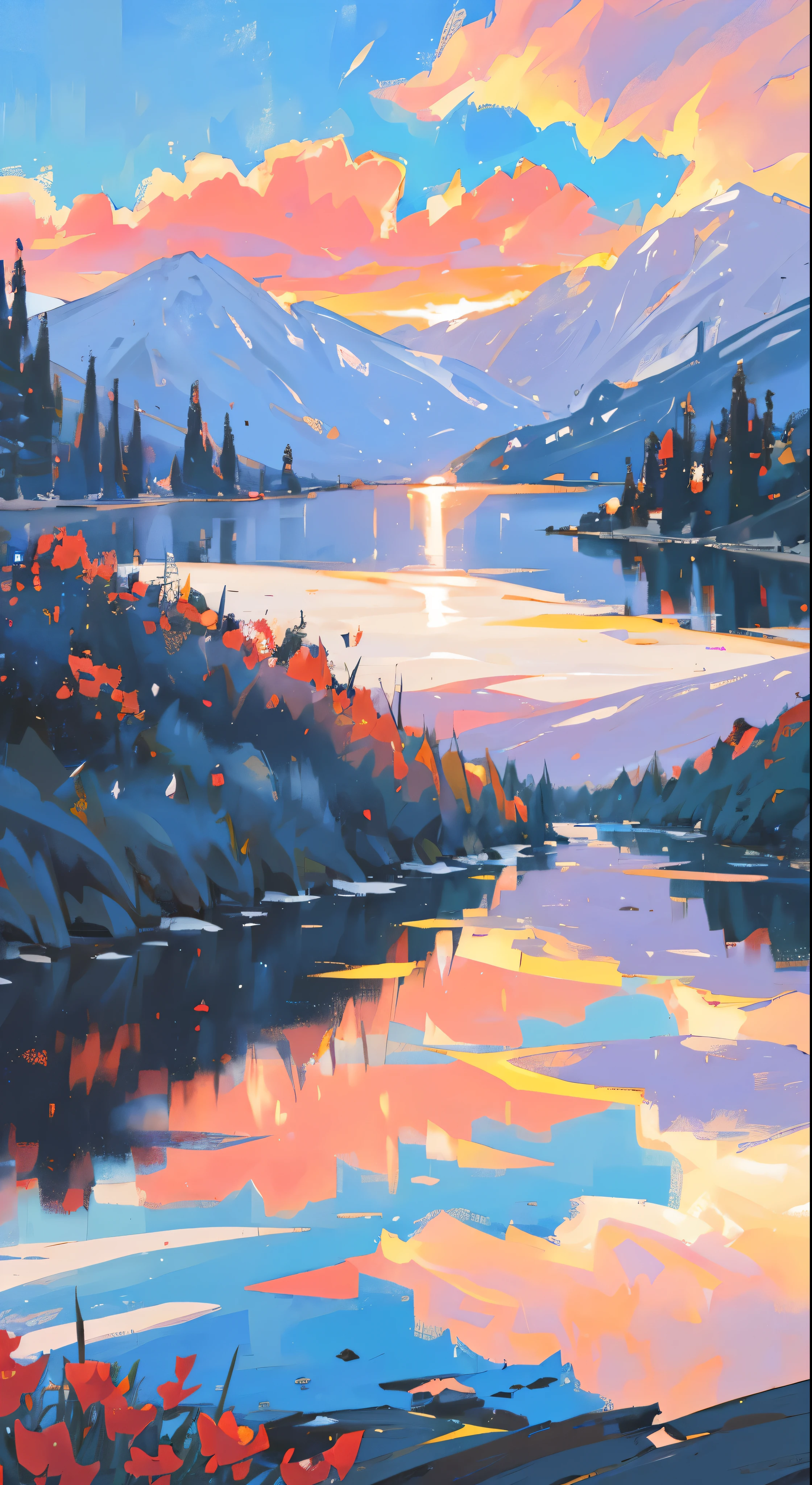 There is a beautiful sunset, the hillside is covered with flowers and plants, the flowers are up close, the colorful sky, the surreal colors, the colorful sunsets, the colorful sky, the marvelous sky reflection, the amazing sky, the fantastic atmosphere 8K, the colorful clouds, the color reflection on the lake, the surreal sky, the red and blue reflection, the fire reflection, the beautiful sky, the beautiful and spectacular dusk, the beautiful dream landscape, the amazing sky