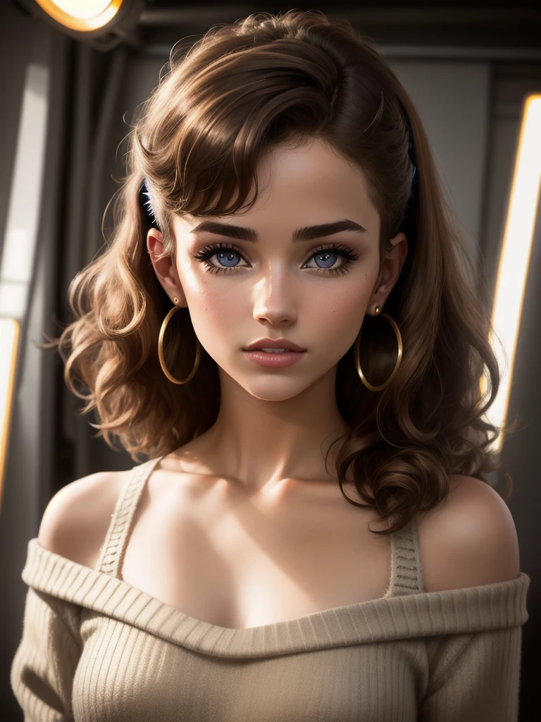 illustration, style of Philip Lorca diCorcia, cinematic film still portrait of young girl aged 18 yrs old, 1girl, solo, Instagram model, athletic figure, pretty face, youthful face, wearing an off the shoulder brown sweater, light brown hair, short curly hair, crossed bangs, constricted pupils, hair ribbon, hoop earrings, cinematic lighting, Ultra-Wide Angle, Canon, bust chart, Hyperrealism, UHD, masterpiece, textured skin, high details, best quality, detailed eyes, detailed iris, full body photo