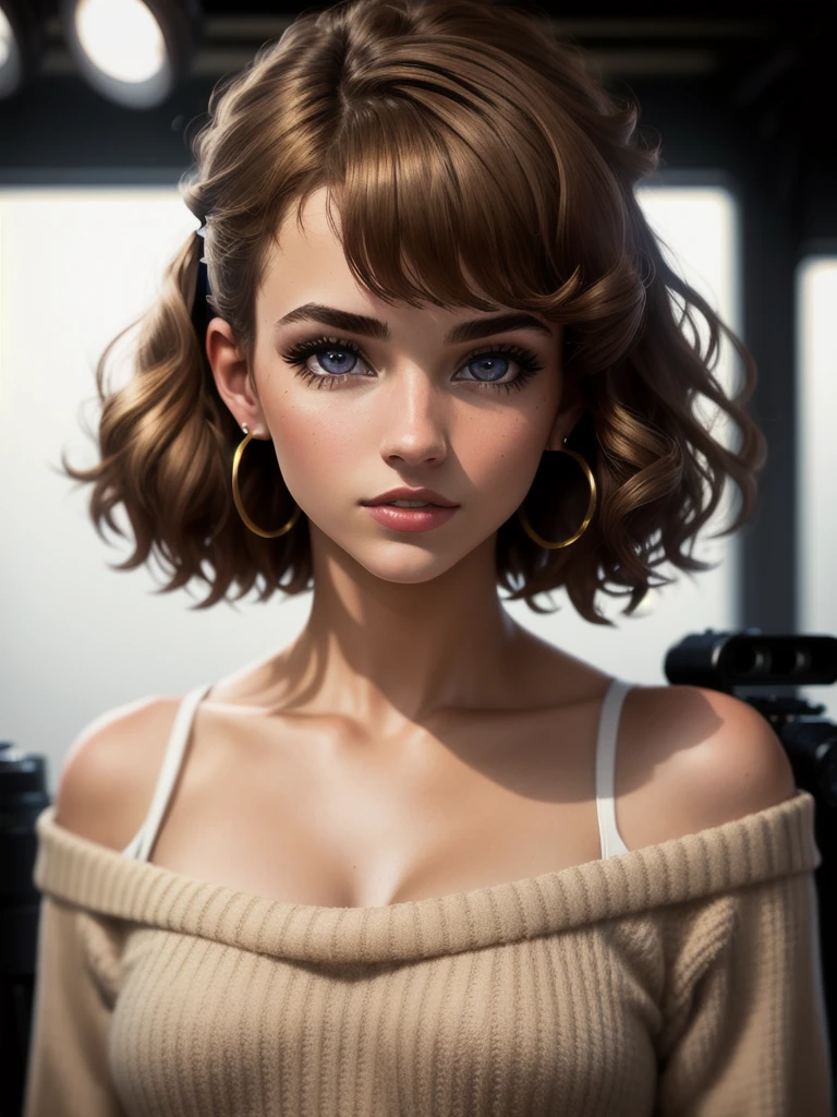 illustration, style of Philip Lorca diCorcia, cinematic film still portrait of young girl aged 18 yrs old, 1girl, solo, Instagram model, athletic figure, pretty face, youthful face, wearing an off the shoulder brown sweater, light brown hair, short curly hair, crossed bangs, constricted pupils, hair ribbon, hoop earrings, cinematic lighting, Ultra-Wide Angle, Canon, bust chart, Hyperrealism, UHD, masterpiece, textured skin, high details, best quality, detailed eyes, detailed iris, full body photo