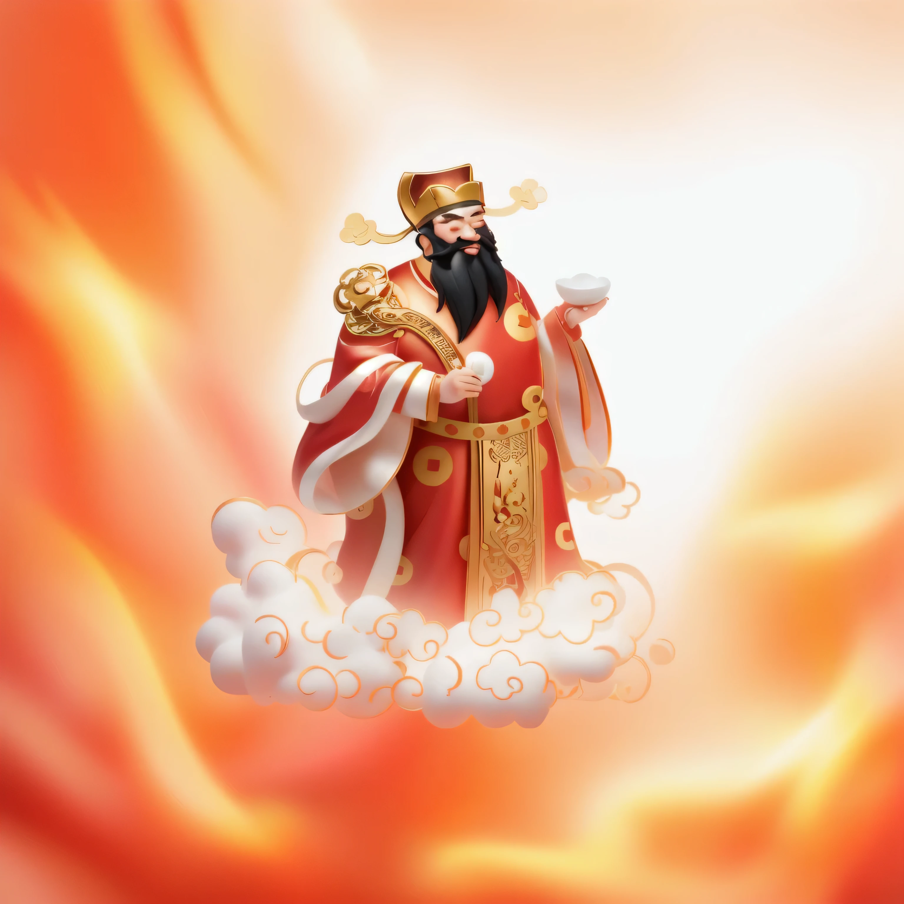 There is a 3D Chinese God of Wealth, God of Wealth, Red costume，Asian cheek skin color，Black beard，Holding a gold ingot in his hand，3D auspicious clouds，Chinese Mythology, , Chinese Art Style, Pure white background，Chinese style，3d,C4D ，Ultra HD，HD，detail