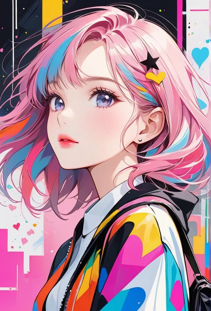 Black Star Pink and White style, Simple Line Initialism,Abstract art,Urban Background, (((The most beautiful girl of all time))), Sweet face. Lips in love, colorful hearts, stylish design