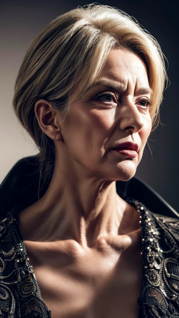 a beautiful elderly female fashion model, 1 woman, detailed elegant face, beautiful eyes, detailed lips, long eyelashes, mature aged woman, stylish fashionable clothes, high-end luxury fashion, editorial photoshoot, dramatic lighting, moody cinematic atmosphere, vibrant colors, photorealistic, 8k, best quality, masterpiece, cinematic, dramatic, high contrast, high-end fashion editorial