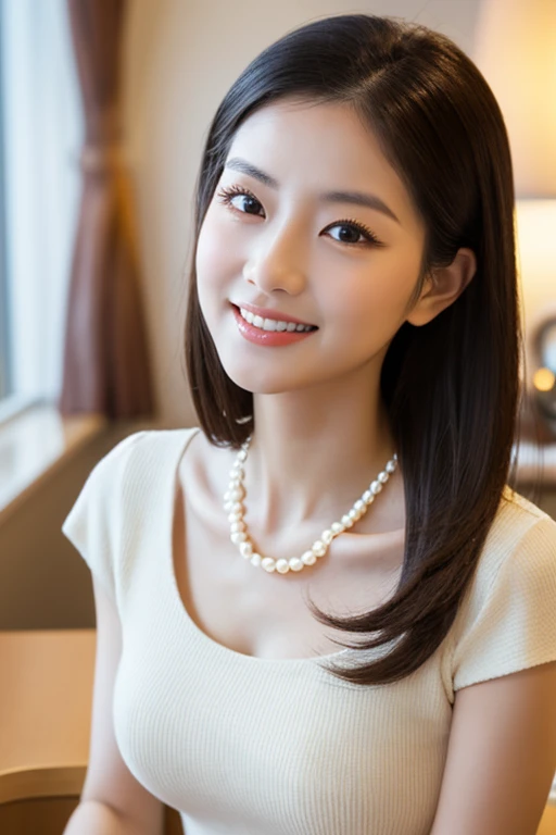 beauty、Smile、Black Hair、Coffee Shop,best quality,Super detailed,masterpiece,Employment,8k,Extremely detailed CG unifies 8k, 8k, diamond, and wallpaper,lifelike, Surreal, The original, Intricate details,Detailed face,Exquisite eyes, Skin smooth and soft, Delicate face, Big shining eyes,1 beauty的女孩, 18 years old, Super beautiful face details, 害羞地Smile, Medium breasts