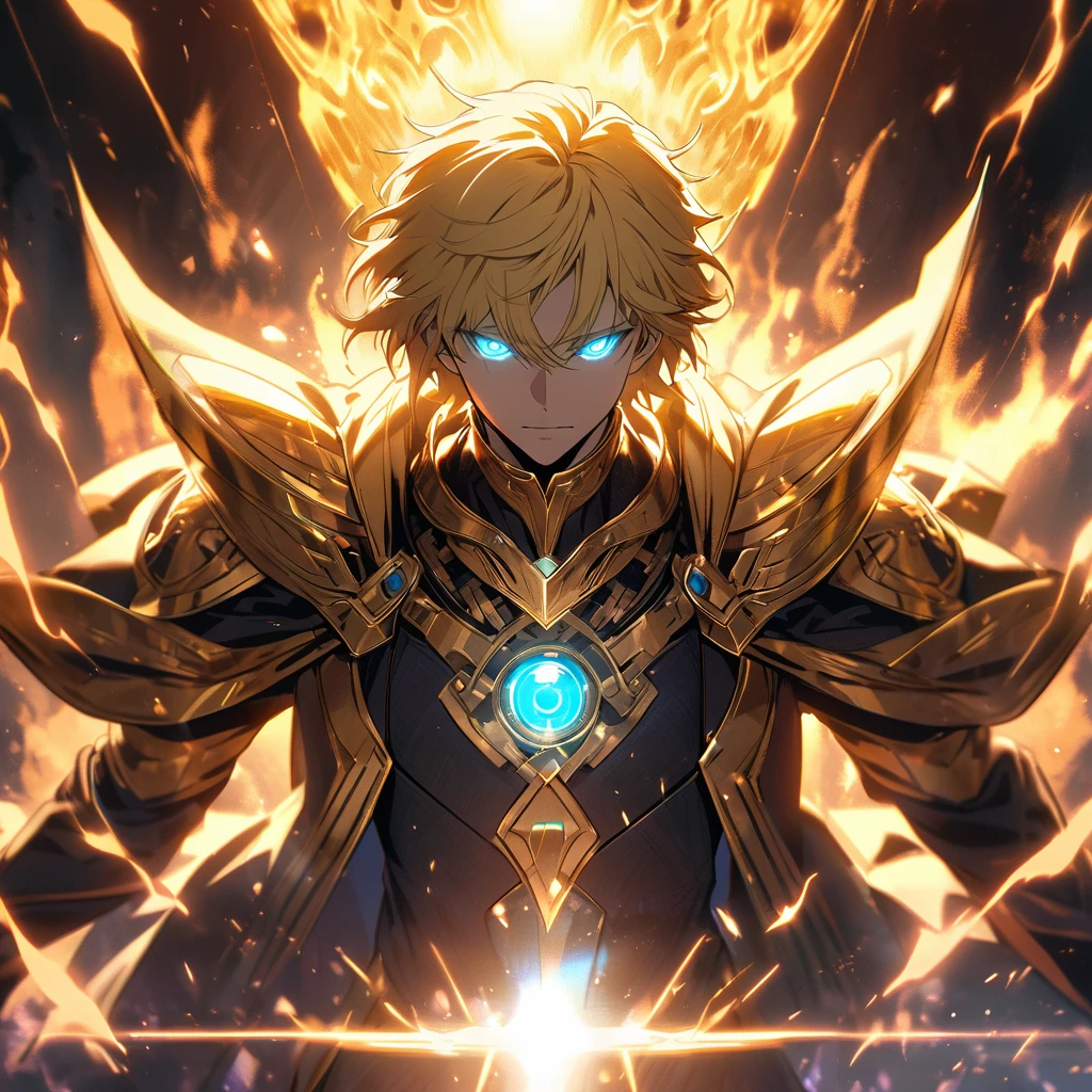 male, solo, handsome, blond hair, god, god eyes, glowing eyes, light, aura, holo, golden