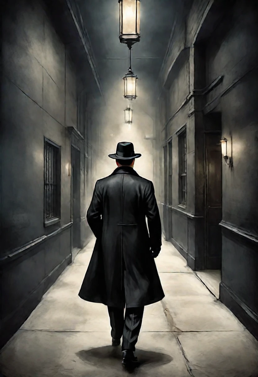 general plan, the entire body. ((1920s gangster man in black overcoat and hat, back to camera, walking down a street corridor:1.5), dramatic midnight lighting:1.5, film composition, digital painting, film lighting, palette boring color, moody atmosphere, high definition, 8K.