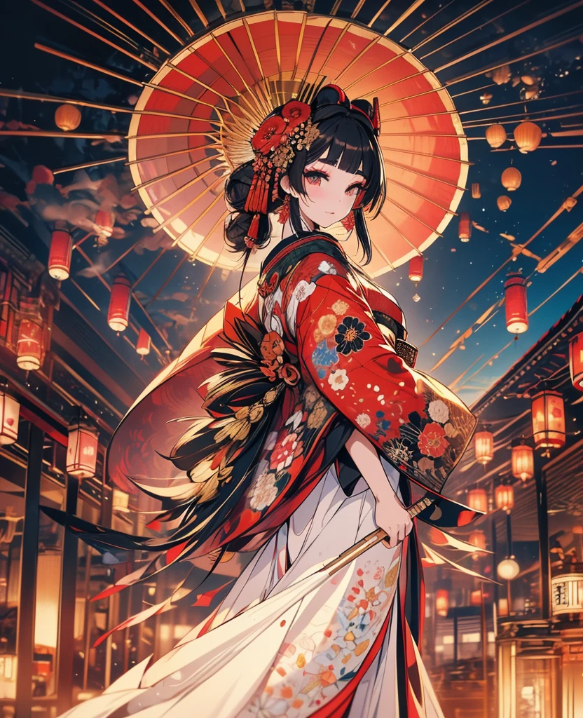 from behind,whole body,Oiran,kimono,luxurious makeup,(Gorgeous costumes:1.2),(Oiranの髪飾り,Big Barrel),Large umbrella,(Smoke pipe),Osaka Castle seen in the distance,Oiran道中,Night scenery with lanterns lined up,Dynamic movement and powerful brushstrokes、Drawing strokes drawn with rot ring 0,