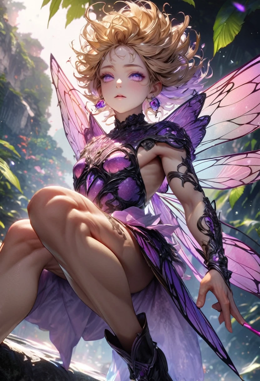 young girl, purple hair, green eyes, fairy, pink fairy wings, naked, nude, in a forest, fantastic trees, fireflies in the scenery, highlights, fantasy