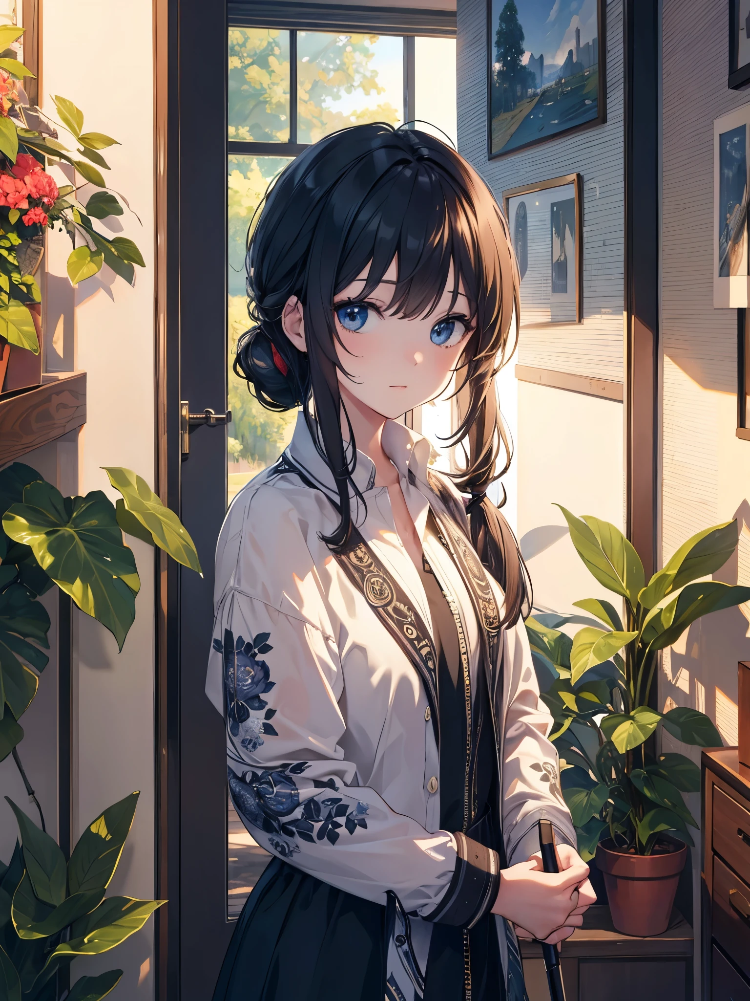 work of art, best qualityer, (very detailed CG 8k unity wallpaper) (best qualityer), (best illustration), (better shadows) naturey', blue sea,delicate leaves, petals of various colors falling in the air, tracking light, super verbose