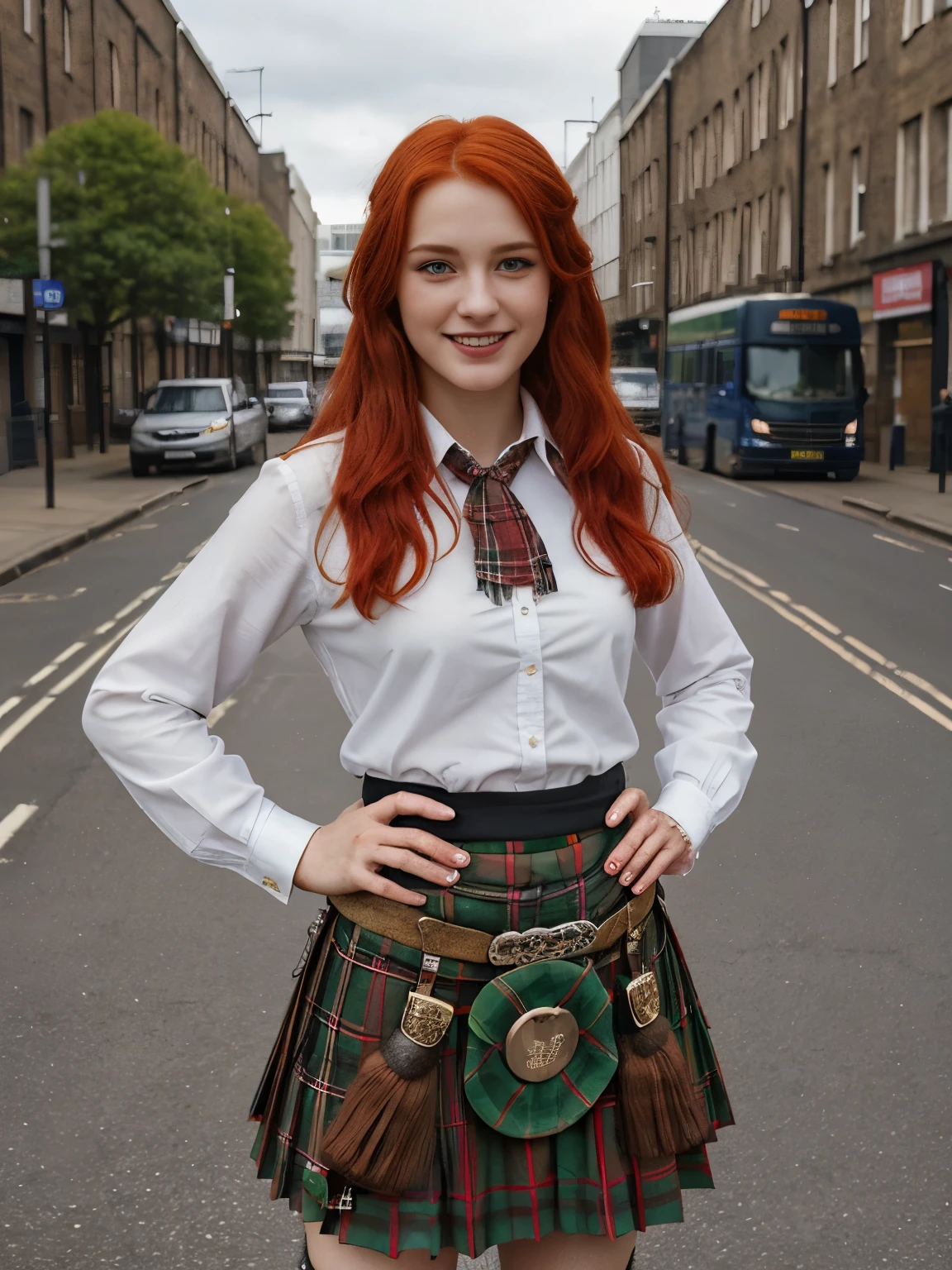 cowboy shot, Full-body, on street ,  front Scotland Yard  ,standing pose,  looking at viewer, beautiful Scottish girl, 18 years-old, (red  hair , blew eye,  middle hair, smile ), A beautiful Scottish woman wearing traditional Highland dress, (long kilt skirt:1.3), including a tartan kilt and accessories like a sporran and sash, (super detail, high details, high quality, accurate, anatomically correct, textured skin, beautiful fingers super detail, high details, high quality, best quality)