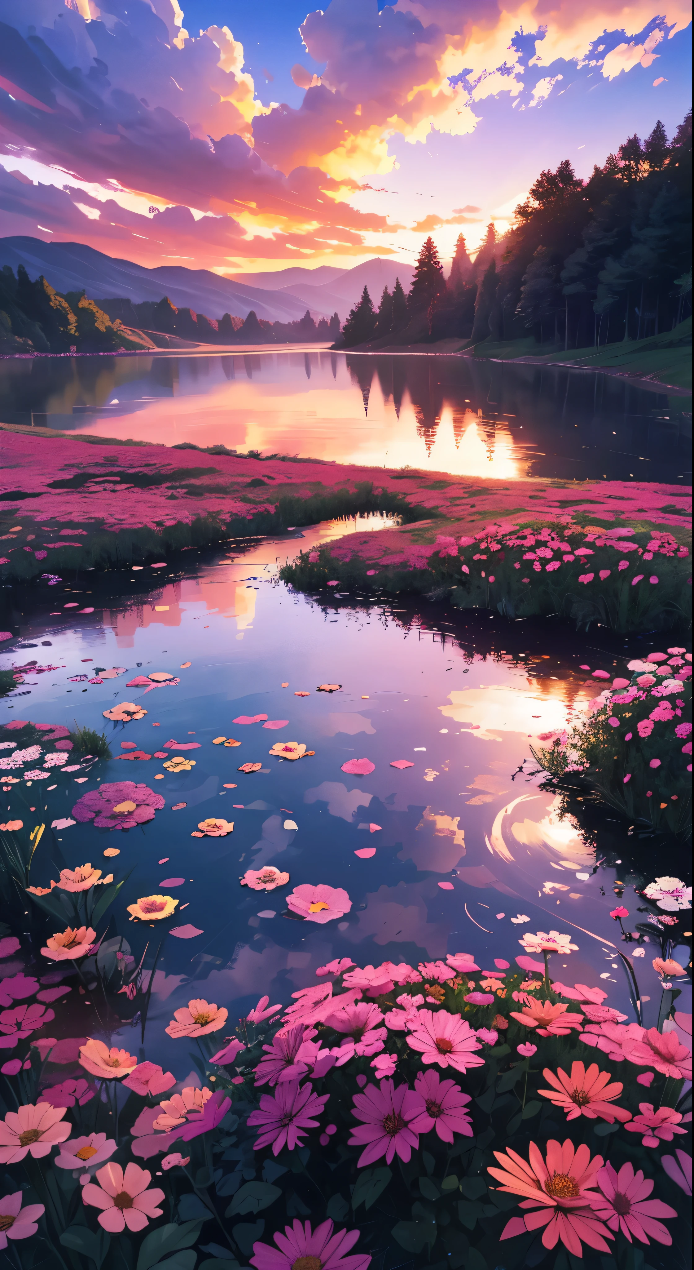 There is a beautiful sunset, the hillside is covered with flowers and plants, the flowers are up close, the colorful sky, the surreal colors, the colorful sunsets, the colorful sky, the marvelous sky reflection, the amazing sky, the fantastic atmosphere 8K, the colorful clouds, the color reflection on the lake, the surreal sky, the red and blue reflection, the fire reflection, the beautiful sky, the beautiful and spectacular dusk, the beautiful dream landscape, the amazing sky