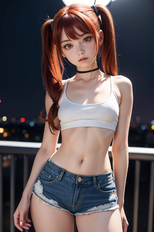 1 girl, solo, (nsfw), cute redhead girl in twin tails, ((flat chest)),, (petite body), ((small hips)), (small breasts ), (denim shorts, fitted white crop top), (night time:1.2), photo realistic.