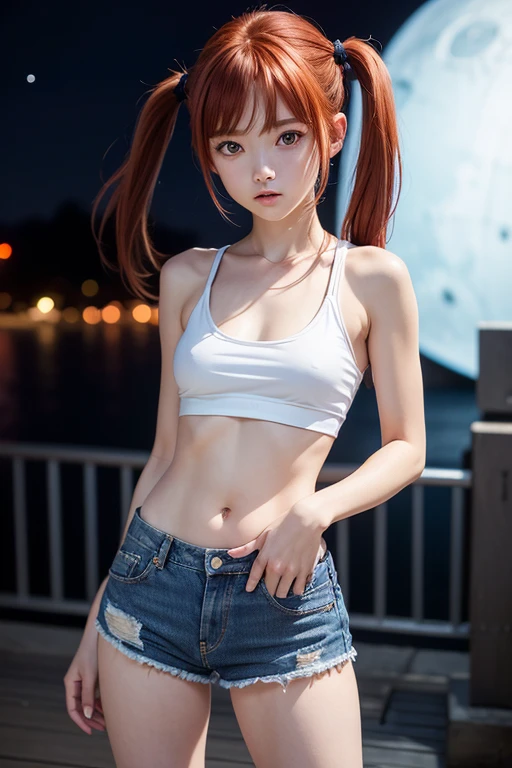 1 girl, solo, (nsfw), cute redhead girl in twin tails, ((flat chest)),, (ite body), ((small hips)), (small breasts ), (denim shorts, fitted white crop top), (night time:1.2), photo realistic.