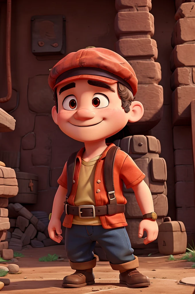 Cartoon miner,A hat is worn on his head,Wearing red miner's clothes,White beard,laughing out loud,Three quarter side