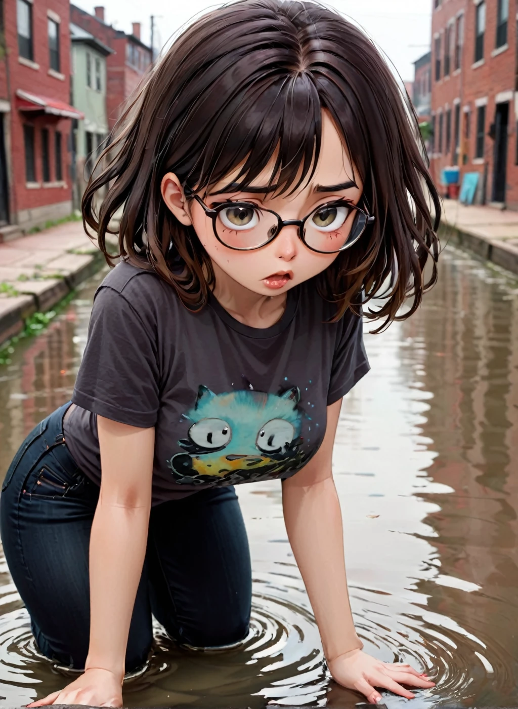 A wide-angle shot of shot of a bespectacled, slightly overweight 27-year-old girl. She is wearing a black t-shirt and black jeans. Her hair is dark brown and full The camera captures the girl's anxious face,  her eyes scanning the surroundings, her expression twisted in discomfort, as kneels over the murky waters of the Cuyahoga River's canal. The soft focus highlights her self-consciousness. She bends down, and the camera captures the subtle tension in her posture. The canal's murky waters reflect the gloomy atmosphere as the girl yields to her nasty habit; vomiting in the canal. In this gloomy moment of self-indulgence, the framing emphasizes her solitary nature and the canal's grimy texture. She takes a moment to collect herself before yielding to the urge, her body swaying slightly as she begins to retch. The dull, warm lighting accentuates the canal's pollution, mirroring the girl's inner turmoil.