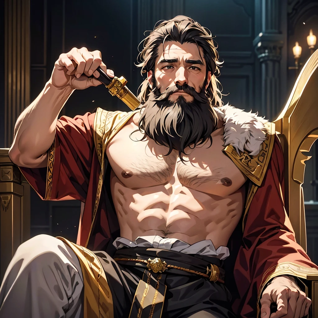 high resolution、An old and well-built man、Dignified、The King of Men。Sitting on the throne。Wearing a crown。
Fantasy。Bearded。