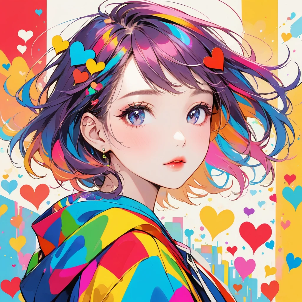 Mika Pikazo colorful style, Simple Line Initialism,Abstract art,Urban Background, (((The most beautiful girl of all time))), Sweet face. Lips in love, colorful hearts, stylish design