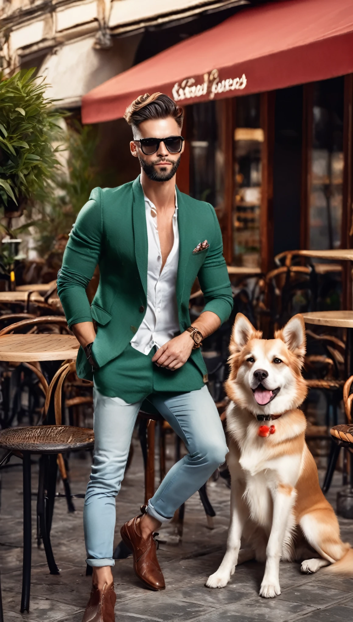 handsome man fashion model with dog, photographed in front of a cafe terrace, magazine cover, simply beautiful