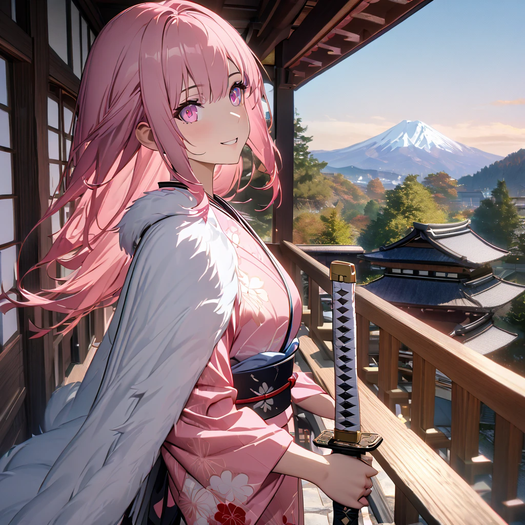 One wearing a pink kimono with white details, long-sleeved kimono, white fur cape, pink hair, long pink hair, pink eyes, standing on a balcony of a traditional Japanese house, view of mountains in the background with trees, smiling, big , daytime spot.UHD , prime work , accurate , anatomically correct , textured skin , super details , high quality , best quality, 8k, high resolution, bokeh effect. (woman solo), close view holding a katana without a sheath, with a red effect on the katana
