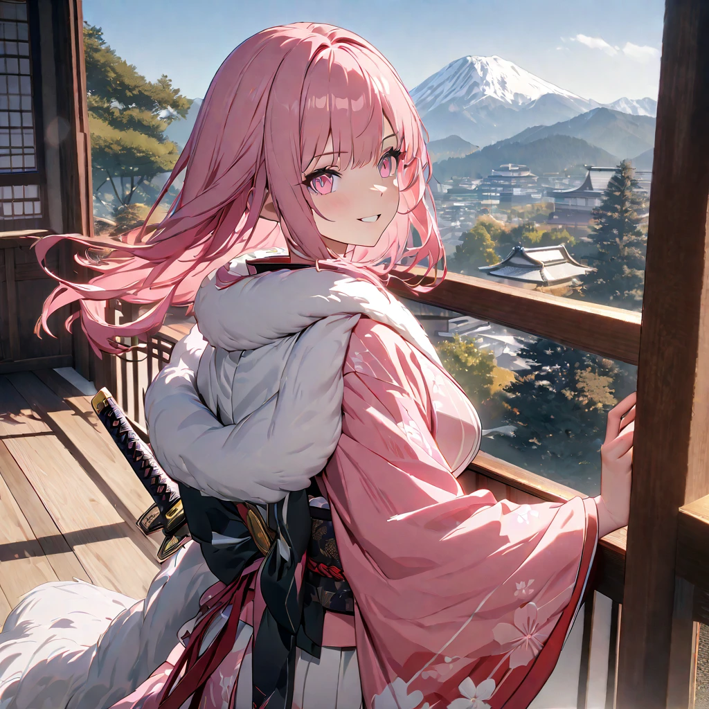 One wearing a pink kimono with white details, long-sleeved kimono, white fur cape, pink hair, long pink hair, pink eyes, standing on a balcony of a traditional Japanese house, view of mountains in the background with trees, smiling, big , daytime spot.UHD , prime work , accurate , anatomically correct , textured skin , super details , high quality , best quality, 8k, high resolution, bokeh effect. (woman solo), close view holding a katana without a sheath, with a red effect on the katana
