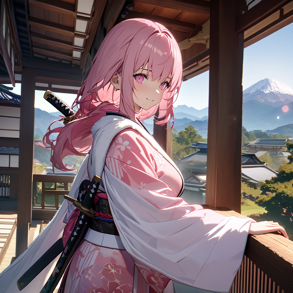 One wearing a pink kimono with white details, long-sleeved kimono, white fur cape, pink hair, long pink hair, pink eyes, standing on a balcony of a traditional Japanese house, view of mountains in the background with trees, smiling, big , daytime spot.UHD , prime work , accurate , anatomically correct , textured skin , super details , high quality , best quality, 8k, high resolution, bokeh effect. (woman solo), close view holding a katana without a sheath, with a red effect on the katana
