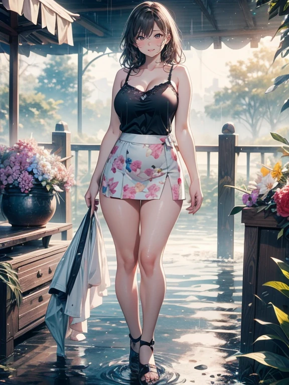 (Raw photo:1.2), (Photorealistic), Beautiful detailed girl, Very detailed eyes and face, Beautiful detailed eyes, Huge file size, High resolution, Very detailed, Best Quality, [masterpiece:1.6], Illustration, Very detailed, Fine detail, Best Quality, 32K Wallpaper, intricate details, in the garden, colorful flowers, beautiful young woman, short height, pixie cur hair, medium breast, low cut cotton panties and bra, full body photo, cameltoe