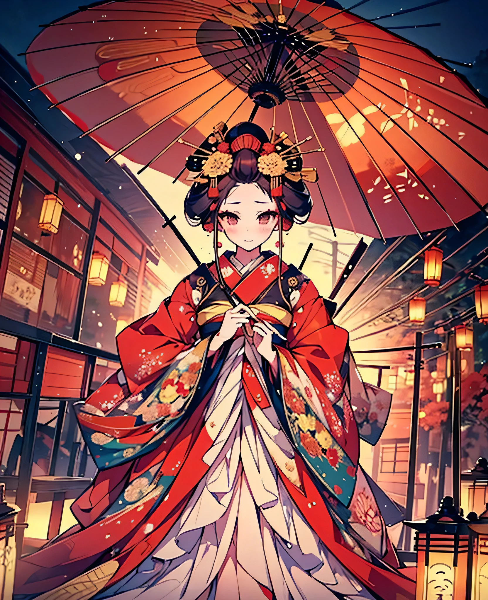 ,god々A beautifully and gorgeously decorated courtesan,A large, gorgeously decorated hairpin,Gorgeous kimono,(Oiran hairstyle, Date Hyogotaka),Large umbrella,Courtesan Procession,Night scenery with lanterns lined up,(A servant holds an umbrella behind the courtesan:1.4),
