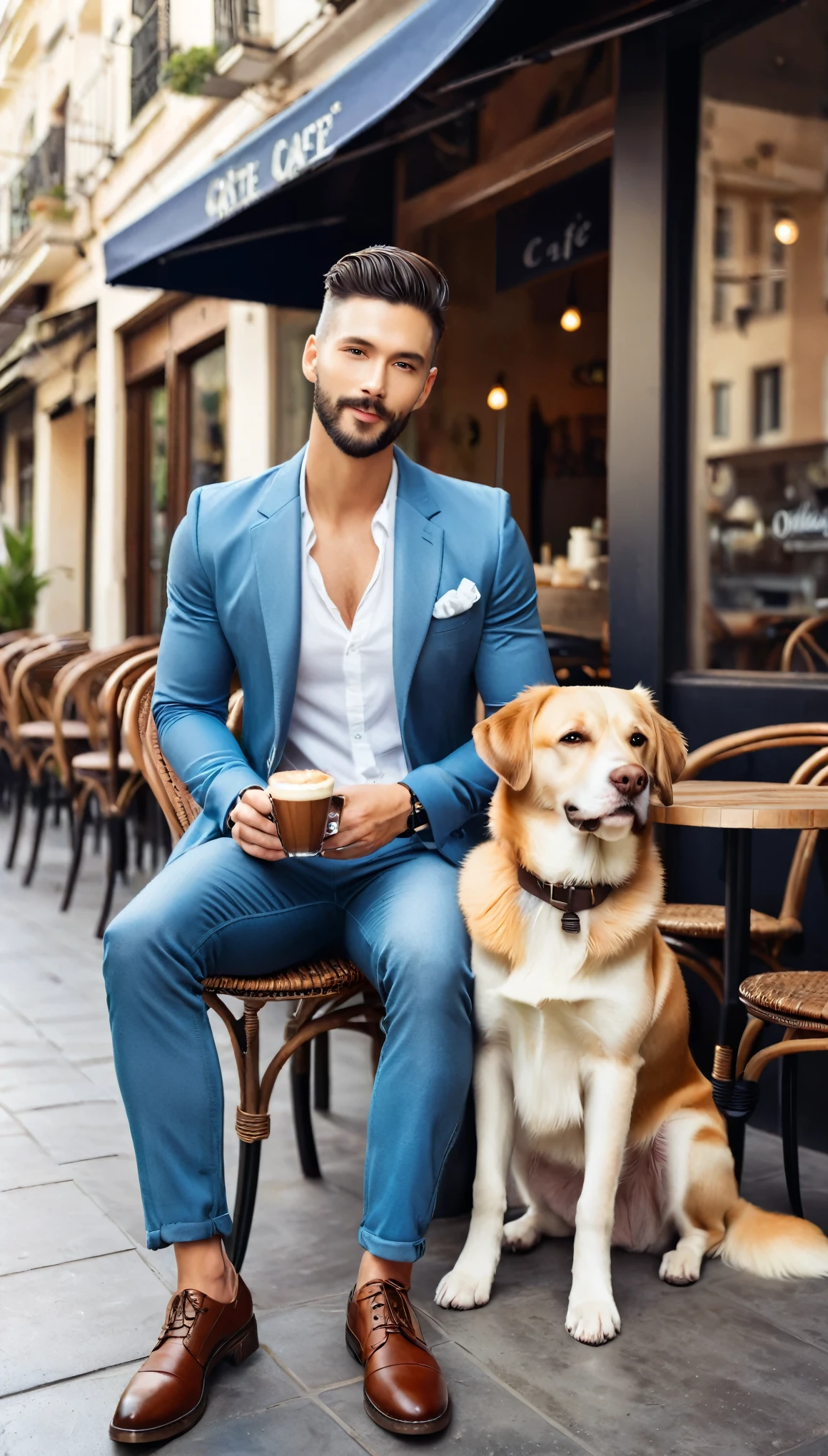 handsome man fashion model with dog, photographed in front of a cafe terrace, magazine cover, simply beautiful