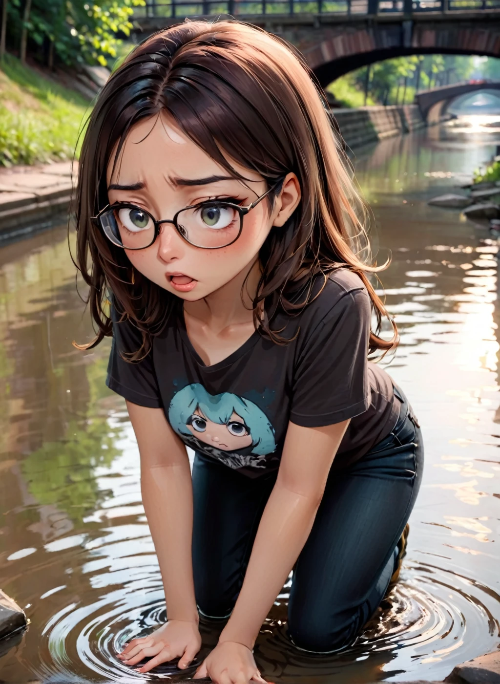A wide-angle shot of shot of a bespectacled, slightly overweight 27-year-old girl. She is wearing a black t-shirt and black jeans. Her hair is dark brown and full The camera captures the girl's anxious face, her eyes scanning the surroundings, her expression twisted in discomfort, as kneels over the murky waters of the Cuyahoga River's canal. The soft focus highlights her self-consciousness. She bends down, and the camera captures the subtle tension in her posture. The canal's murky waters reflect the gloomy atmosphere as the girl yields to her nasty habit; vomiting in the canal. In this gloomy moment of self-indulgence, the framing emphasizes her solitary nature and the canal's grimy texture. The dull, warm lighting accentuates the canal's pollution, mirroring the girl's inner turmoil.