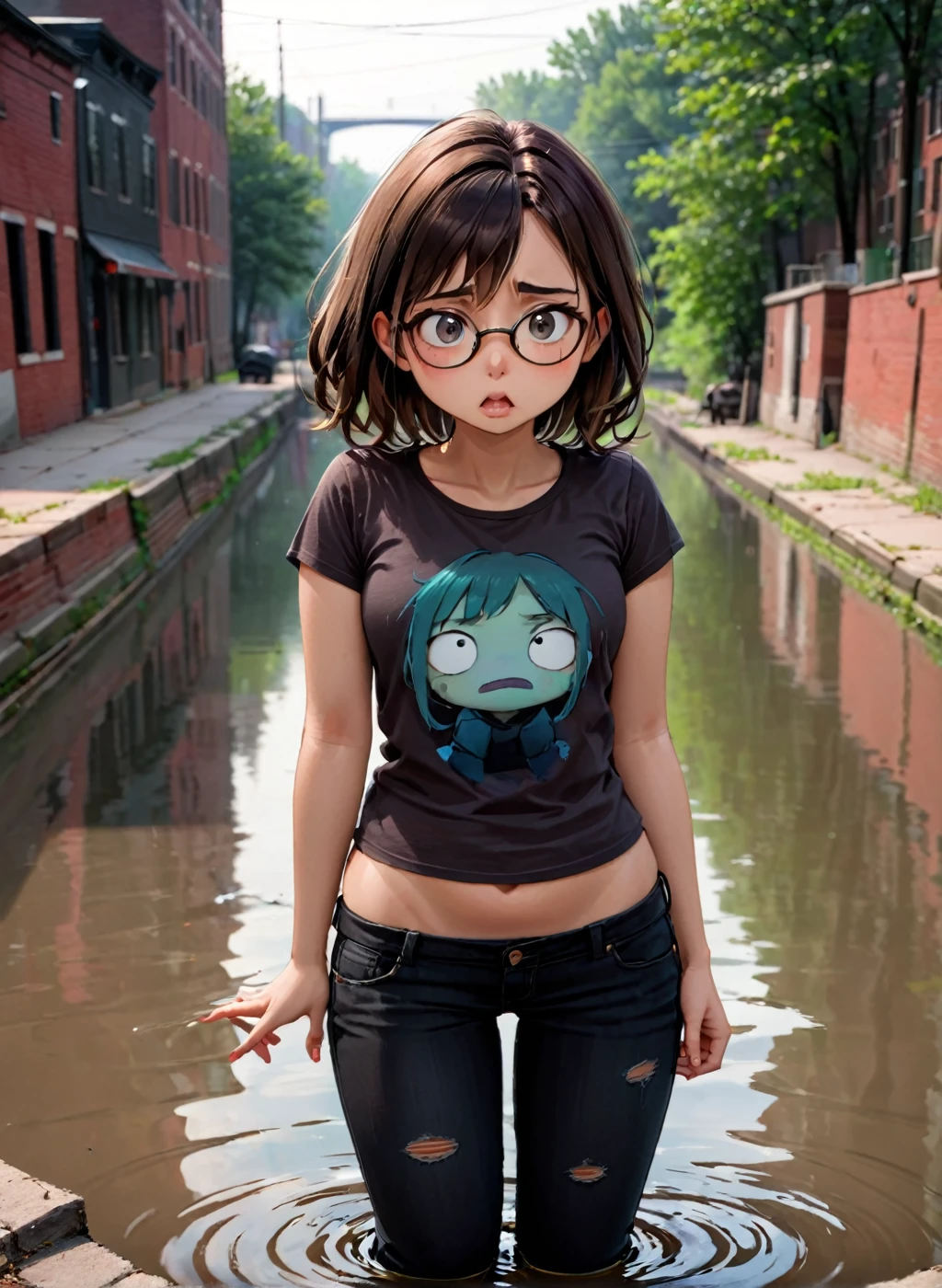 A wide-angle shot of shot of a bespectacled, slightly overweight 27-year-old girl. She is wearing a black t-shirt and black jeans. Her hair is dark brown and full The camera captures the girl's anxious face,  her eyes scanning the surroundings, her expression twisted in discomfort, as kneels over the murky waters of the Cuyahoga River's canal. The soft focus highlights her self-consciousness. She bends down, and the camera captures the subtle tension in her posture. The canal's murky waters reflect the gloomy atmosphere as the girl yields to her nasty habit; vomiting in the canal. In this gloomy moment of self-indulgence, the framing emphasizes her solitary nature and the canal's grimy texture. The dull, warm lighting accentuates the canal's pollution, mirroring the girl's inner turmoil.