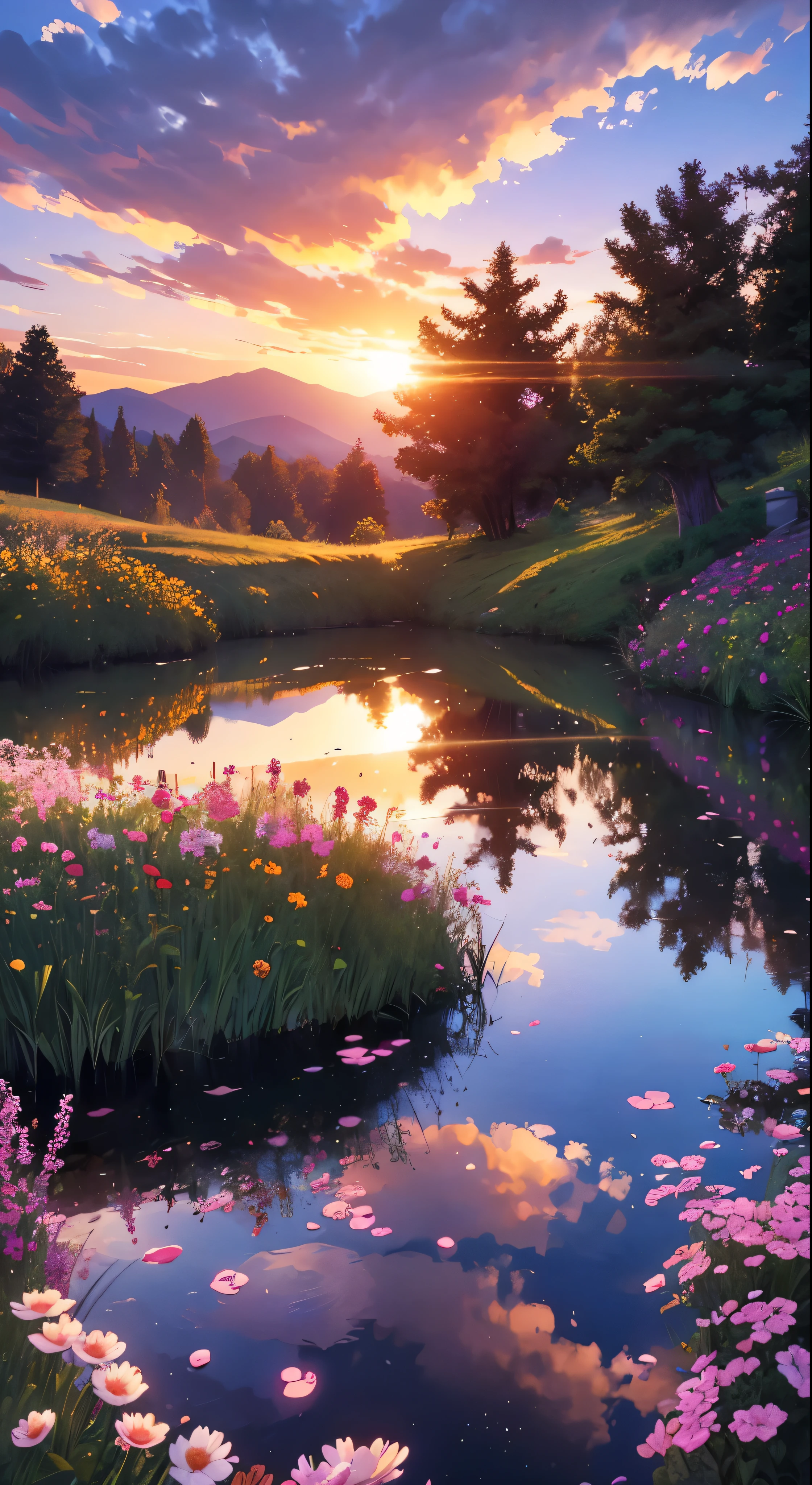There is a beautiful sunset, the hillside is covered with flowers and plants, the flowers are up close, the colorful sky, the surreal colors, the colorful sunsets, the colorful sky, the marvelous sky reflection, the amazing sky, the fantastic atmosphere 8K, the colorful clouds, the color reflection on the lake, the surreal sky, the red and blue reflection, the fire reflection, the beautiful sky, the beautiful and spectacular dusk, the beautiful dream landscape, the amazing sky