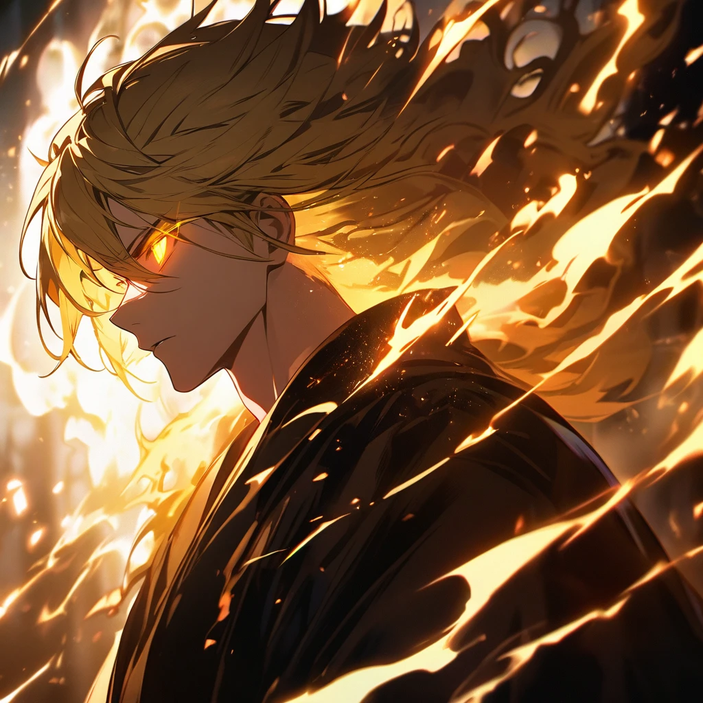 male, solo, handsome, blond hair, god, god eyes, glowing eyes, light, aura, holo, golden, side view