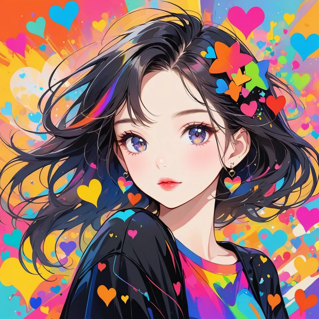 Black Star colorful style, Simple Line Initialism，Abstract art，Urban Background, (((The most beautiful girl of all time))), Sweet face. Lips in love, colorful hearts, stylish design