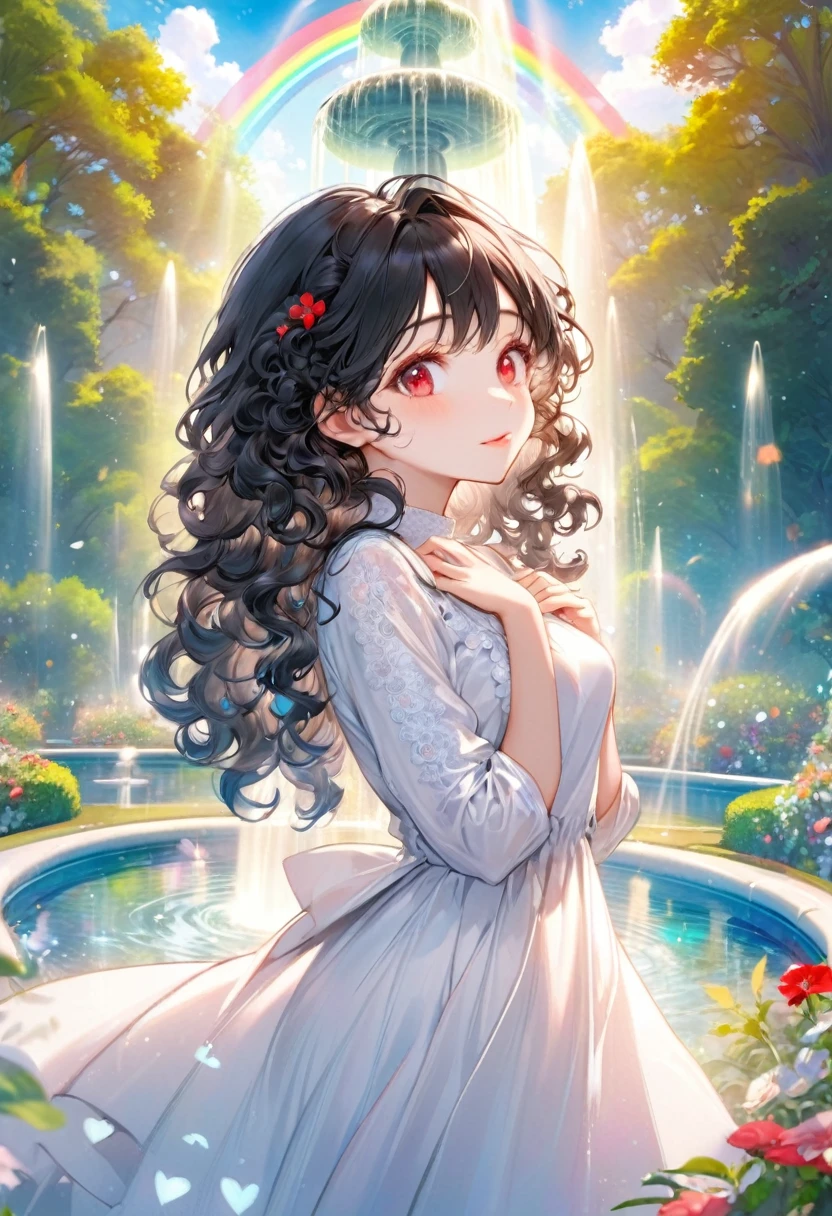 (profile, panoramic, beautiful style), (solo:2, 15 yo), (beautiful curly:1.3) (beautiful detailed black hair, very long hair) (best cute girl, lovely red eyes, glossy lip, soft smile), hand put on chest, dynamic pose, in a white one piece dress, break, in the beautiful enchanted garden, Large fountain with double exposure rainbow, BREAK, perfect anatomy, masterpiece, best quality, 16k, beautiful detailed love, daydreaming expression.