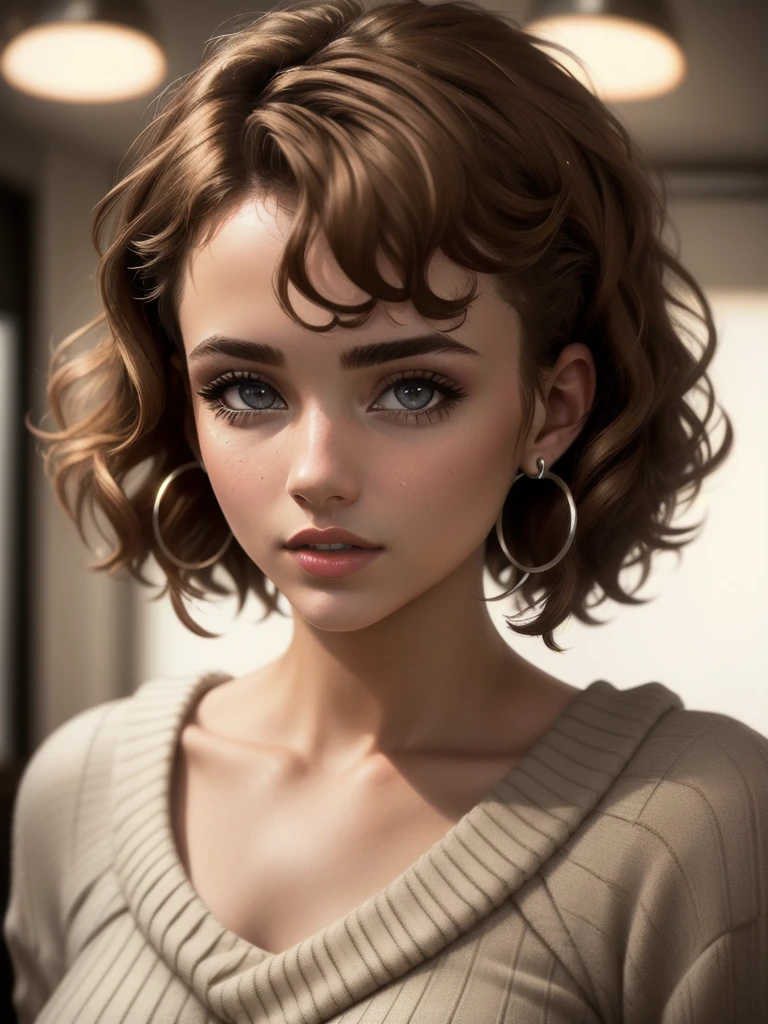 illustration, style of Philip Lorca diCorcia, cinematic film still portrait of young girl aged 18 yrs old, 1girl, solo, Instagram model, athletic figure, pretty face, youthful face, wearing an off the shoulder brown sweater, light brown hair, short curly hair, crossed bangs, constricted pupils, hair ribbon, hoop earrings, cinematic lighting, Ultra-Wide Angle, Canon, Hyperrealism, UHD, masterpiece, textured skin, high details, best quality, detailed eyes, detailed iris, full body photo