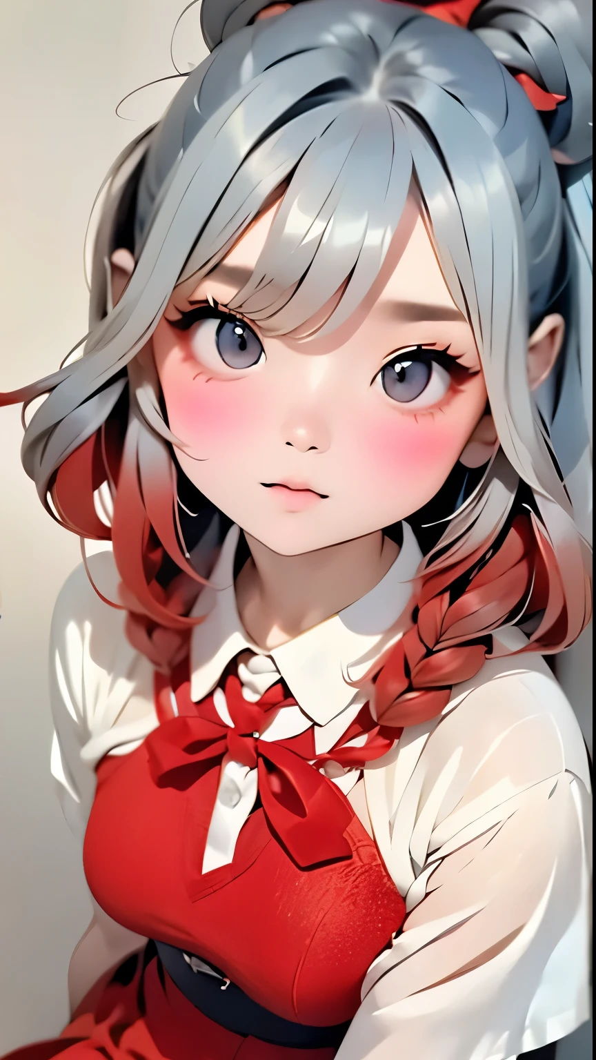 masterpiece:1.5、Highest quality、Ultra-high resolution、Very detailed、８ｋ、(((Gray Hair、Red hair tips:1.2)))、(((Beautiful gradient hair:1.2)))、One Girl、、Katyusha with a big red ribbon、Cute Face、Attractive look、２２talent、Natural look、dress down、Casual costume、Simple Background、Blurred Background、