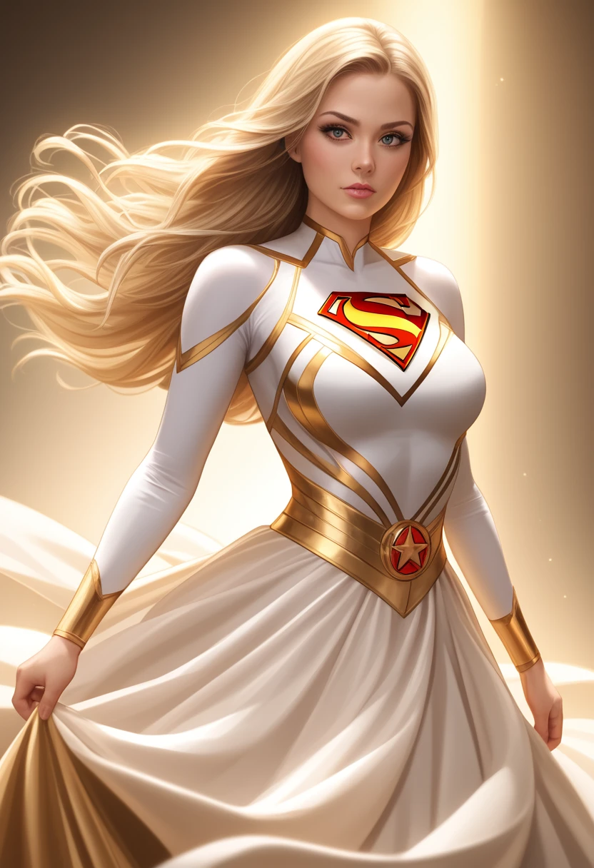 a beautiful supergirl in a luxurious silk dress, extremely detailed face and eyes, long eyelashes, cinched waist, flowing dress, dynamic pose, dramatic lighting, cinematic composition, intricate detail, vibrant colors, photorealistic, 8k, best quality, masterpiece