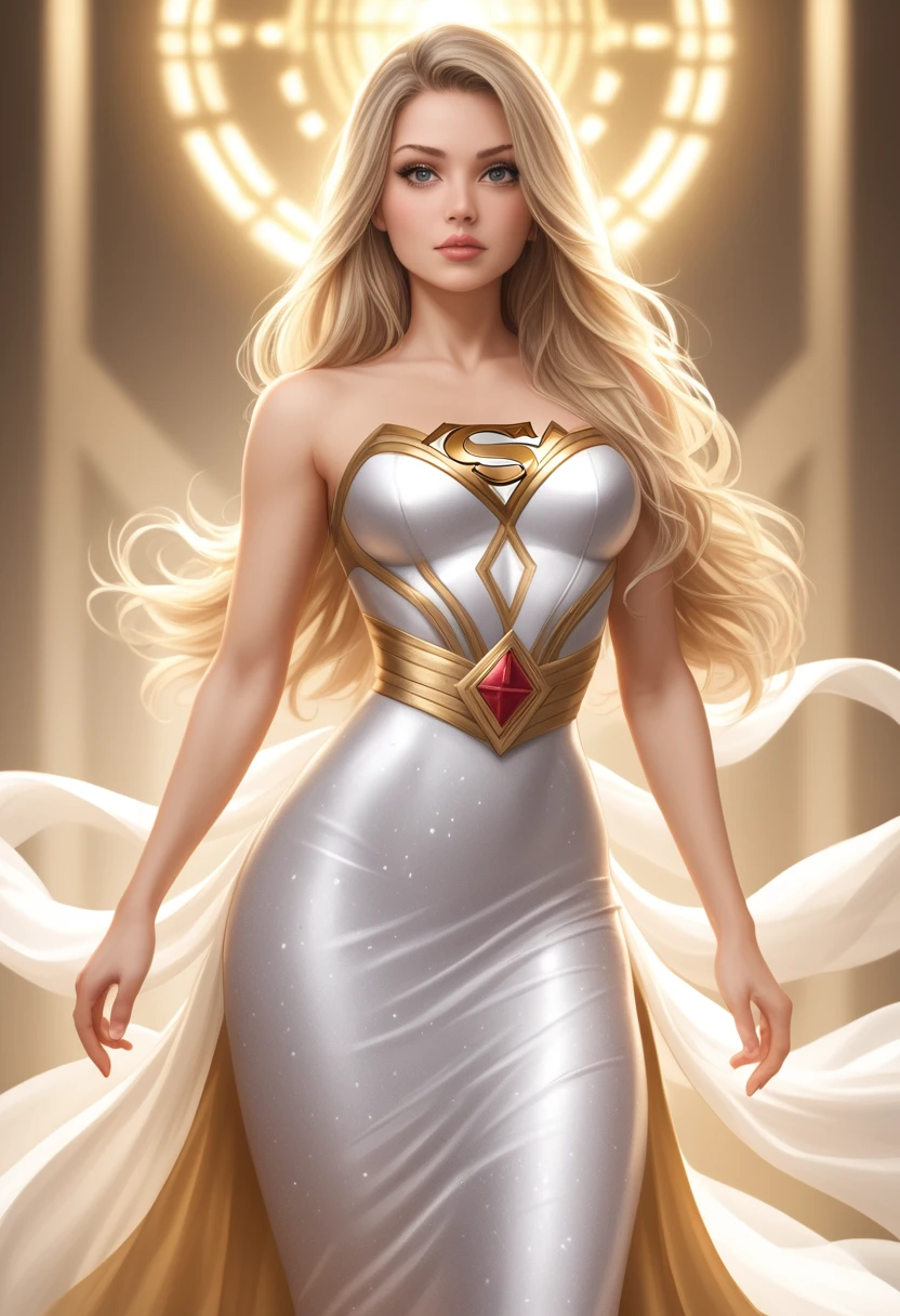 a beautiful supergirl in a luxurious silk dress, extremely detailed face and eyes, long eyelashes, cinched waist, flowing dress, dynamic pose, dramatic lighting, cinematic composition, intricate detail, vibrant colors, photorealistic, 8k, best quality, masterpiece