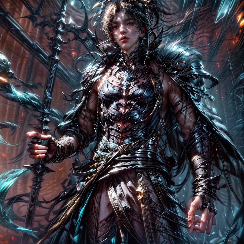(Male: 2), Um close de uma pessoa segurando uma lança em um quarto escuro, arte digital de fantasia épica style, estilo de arte de fantasia épica hd, arte de fantasia épica simétrica, arte digital de fantasia detalhada, estilo de arte de fantasia épica, arte digital de fantasia épica, arte de estilo fantasia sombria, 2. arte de fantasia de anime 5 d cgi, arte de jogo de cartas de fantasia épica, arte épica de anime, arte de fantasia sombria. Extremely detaild, 8K, HDR, naturallight, cinematic lighting, masterpiece-anatomy-perfect, Ultra HD, RAW photo, metallic, professional, ultra-fine painting, perfect body proportions, anatomically correct, uhd, real texture material, Anti-Aliasing, FKAA, TXAA, SSAO, Post Processing, Post Production, Tone Mapping, CGI, VFX, SFX, Hyper maximalist, Volumetric, ultra photorealultra-detailed intricate details.