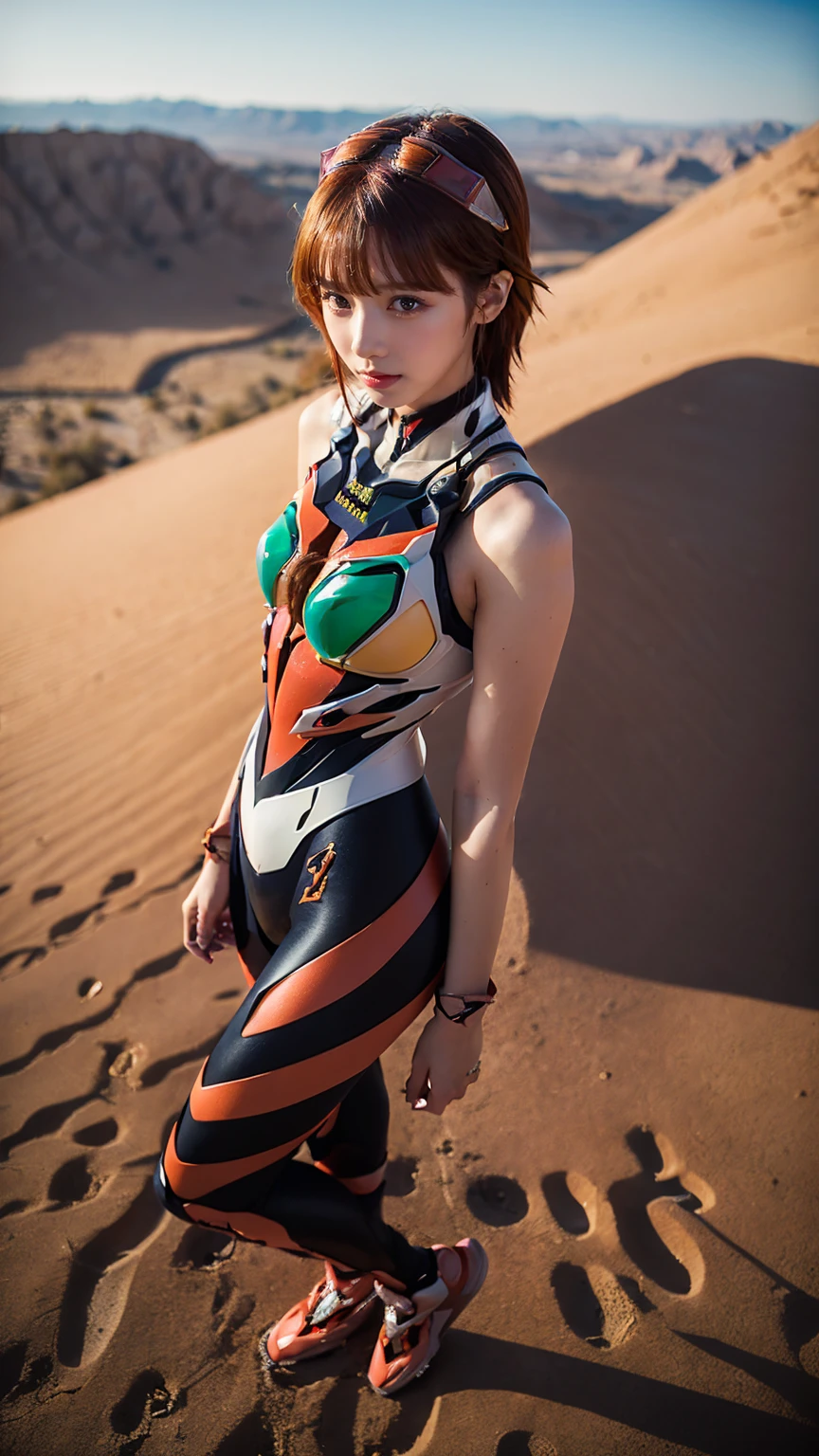((masterpiece, Highest quality)),Best aesthetics,(One Girl:1.4),The background is the desert, (Evangelion_Asuka:1.4),Don't look at the audience, Focus Only, (Big Tits),Reddish brown hair,Long Hair,Red long sleeve plug suit,Black eyepatch
